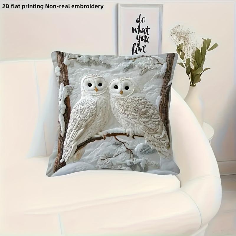 2D Snowy Owl Couple Pillow Cover Winter Forest Owl Print Cushion Case For Sofa Couch Boho Animal Lover Home Decor