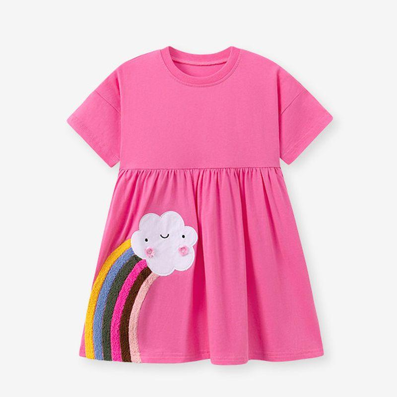 European and American Style Soft and Waxy Girls' Short-Sleeved Dress Summer Rose Red Rainbow Embroidered Knitted Skirt Casual Princess Skirt