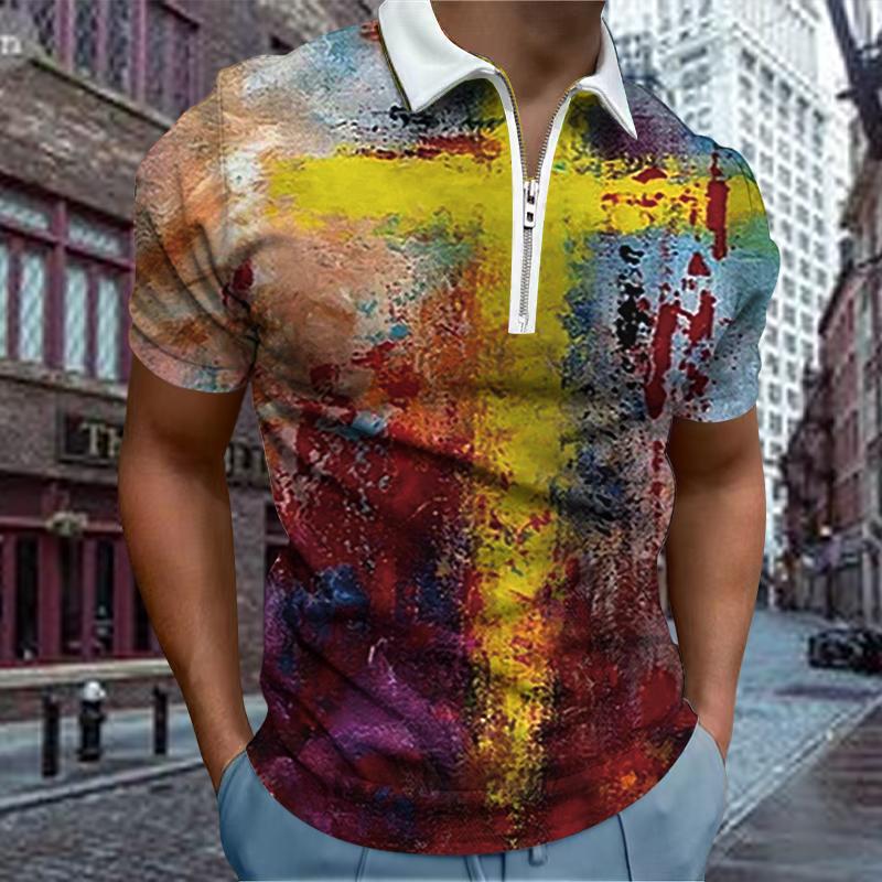 Casual Lapel T-shirt Young Men's Fashion Zipper T-shirt Short Sleeve T-shirt Men's 3D Cross Print T Shirt