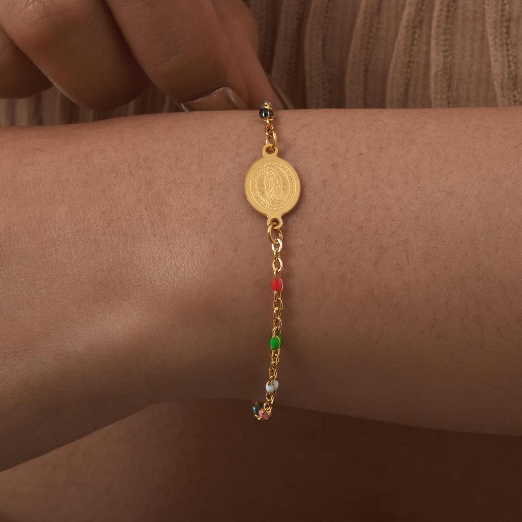 Bohemian Colored Bead Chains Virgin Bracelets for Women, Gold Color Stainless Steel Bracelets, Holy Christian Jewelry Gift