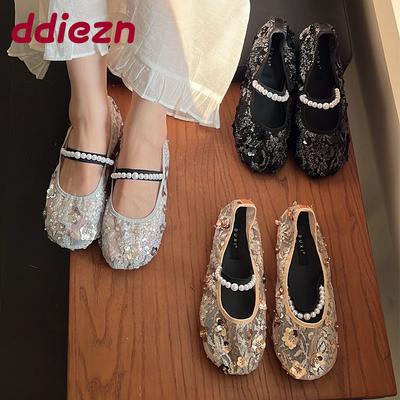 Мода Новинка 2025 Мода Нить Бусины Женские Балетки Мэри Джейн Обувь Женская Обувь Дизайнер Блеск Женские Балетки Туфли