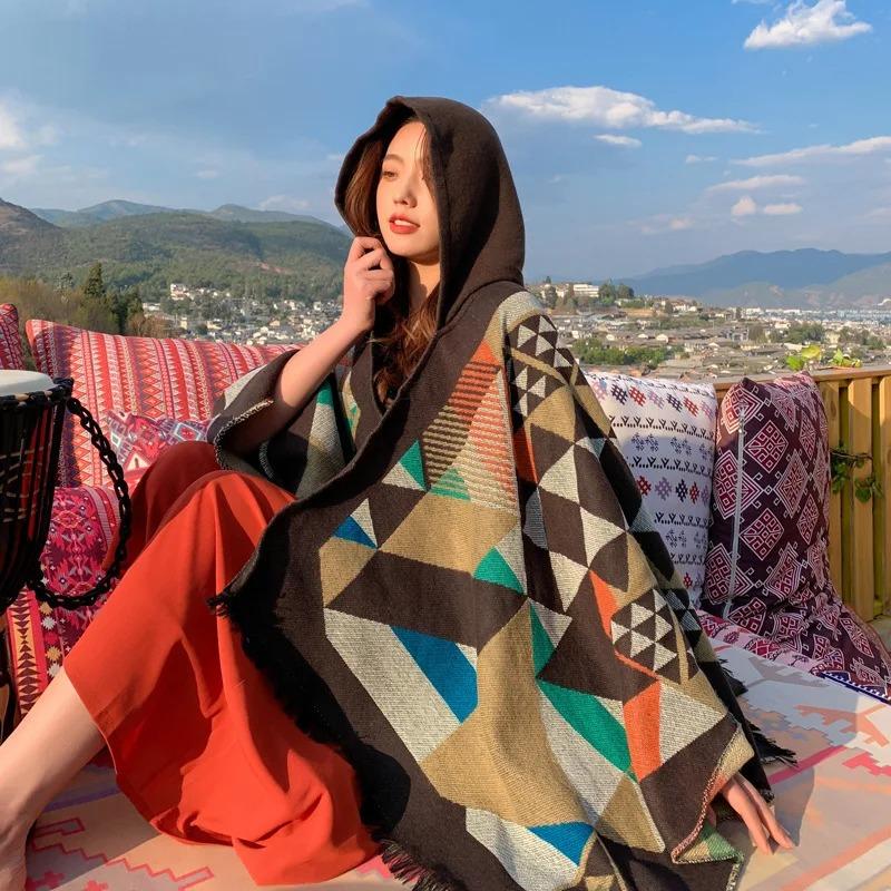 21 Style Big Pendulum Cloak With Hat Arabic Poncho Women Leopard Pocket Shawl Cape Knitted Middle East Split Thick Warm Blanket