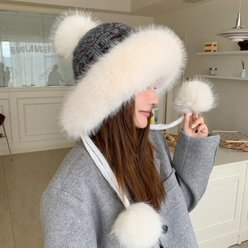 Women S Large Head Winter Warm Plush Hat With Pom Pom Ear Flap Casual