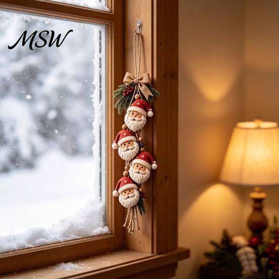 Reusable Christmas Hanging Decor Santa Claus Ornament, 2D Flat Tree Decoration, Rustic Wood Holiday Wall Sign with Pine Branches & Berries for