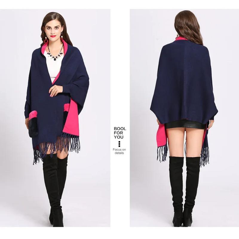 Зимнее пончо из искусственного кашемира, свободная уличная одежда, женская шаль с рукавами «летучая мышь», накидки с меховым карманом, женский вязаный плащ с кисточками оверсайз
