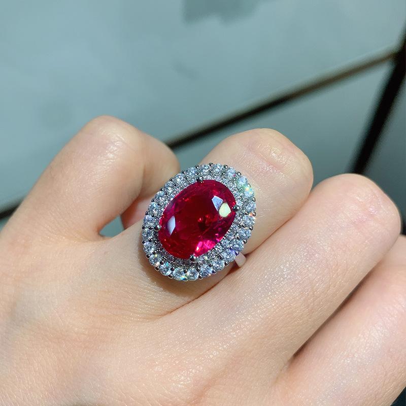 Vintage inlaid zircon ring 10 * 14 imitation pigeon blood red corundum oval colored treasure ring jewelry