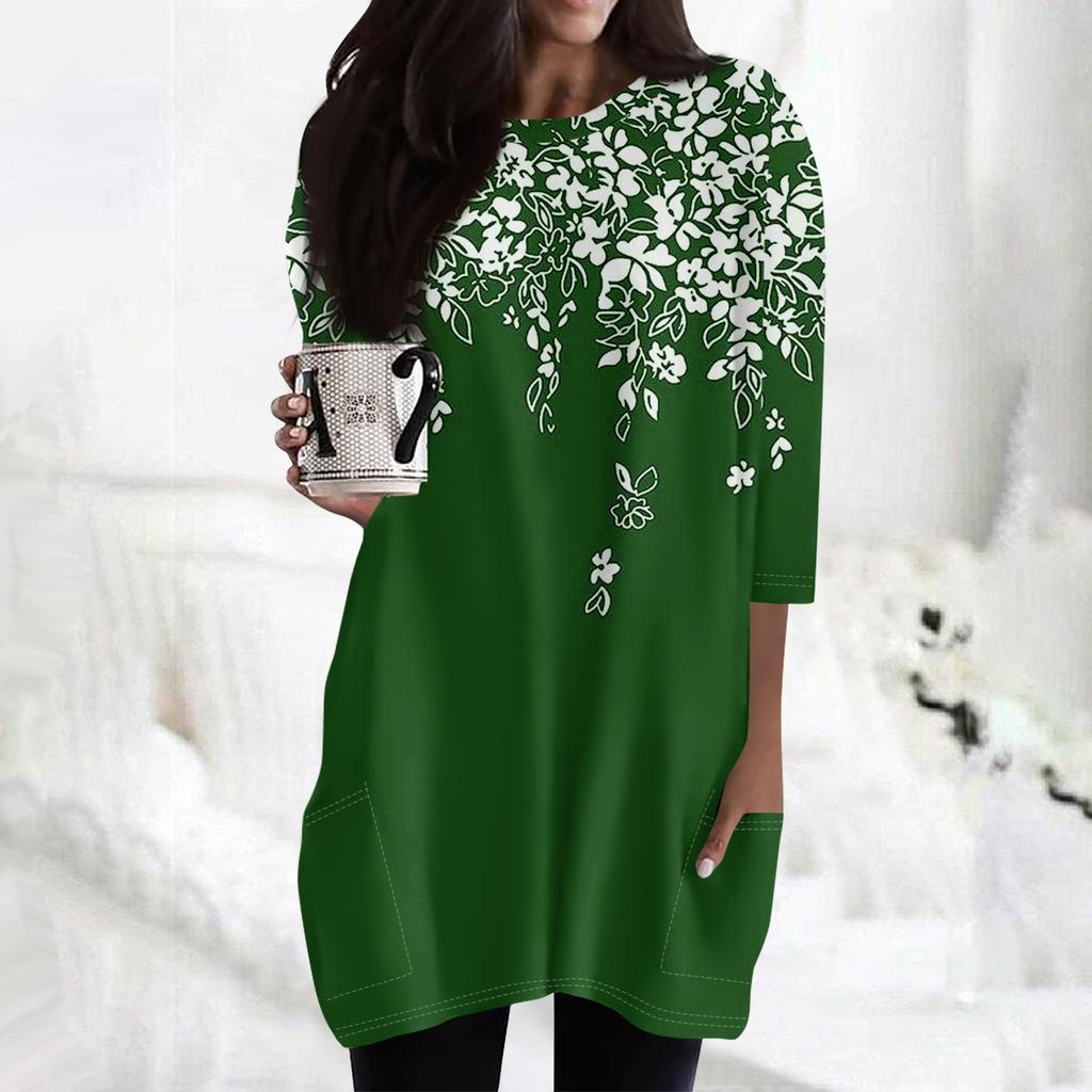 Женские повседневные рубашки с рукавами 3/4, модные туники с принтом, топы с карманами