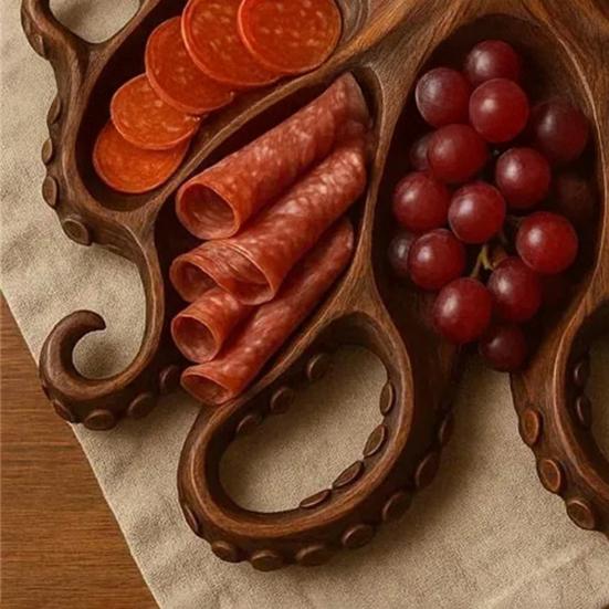 Блюдо для закусок «Осьминог» с вилкой, поднос для сырной доски в океанской тематике для мяса, сыра, фруктов, морепродуктов, деревянный сервировочный поднос, уникальный подарок