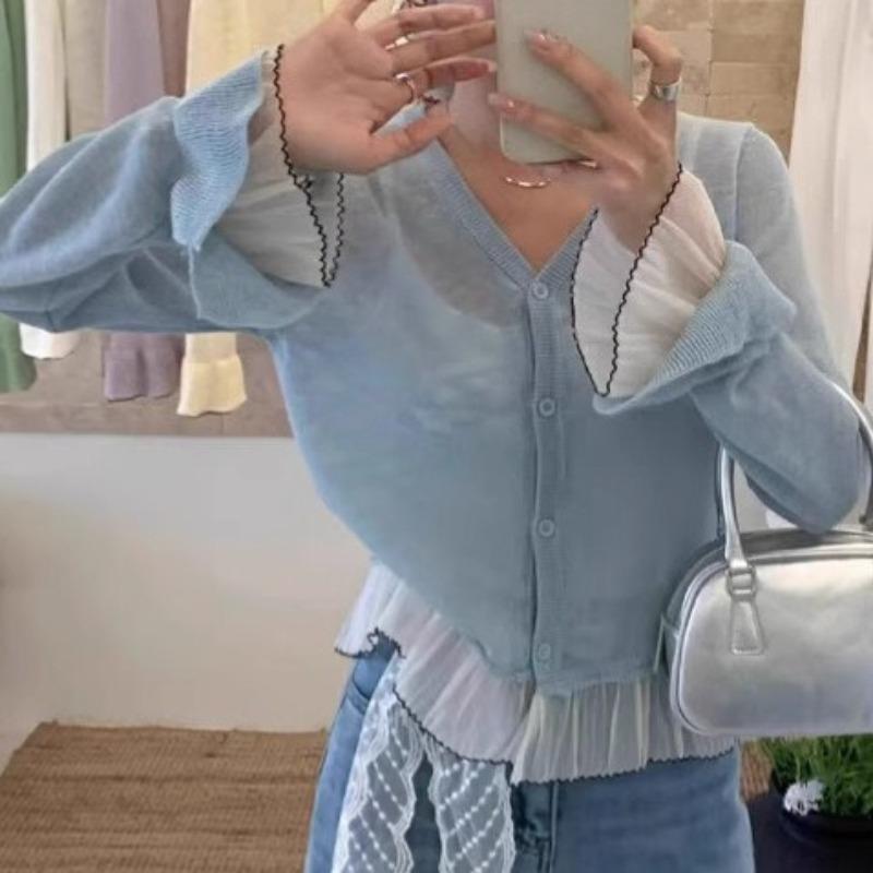 Sweet Style Hem Lace Trim Knit Cardigan Women Spring Summer Sun Protection Thin Sheer Knit Coat