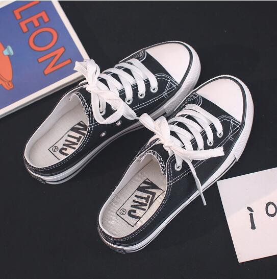 Summer Casual Low-top Shallow-mouth Canvas Shoes half-Support Women's Cloth Shoes Lazy Shoes Student Skate Shoes