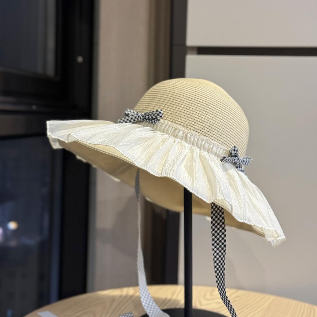 Spring and summer cute age-reducing bow-tie ribbon sunscreen straw hat for women, seaside lace mesh floral sun hat