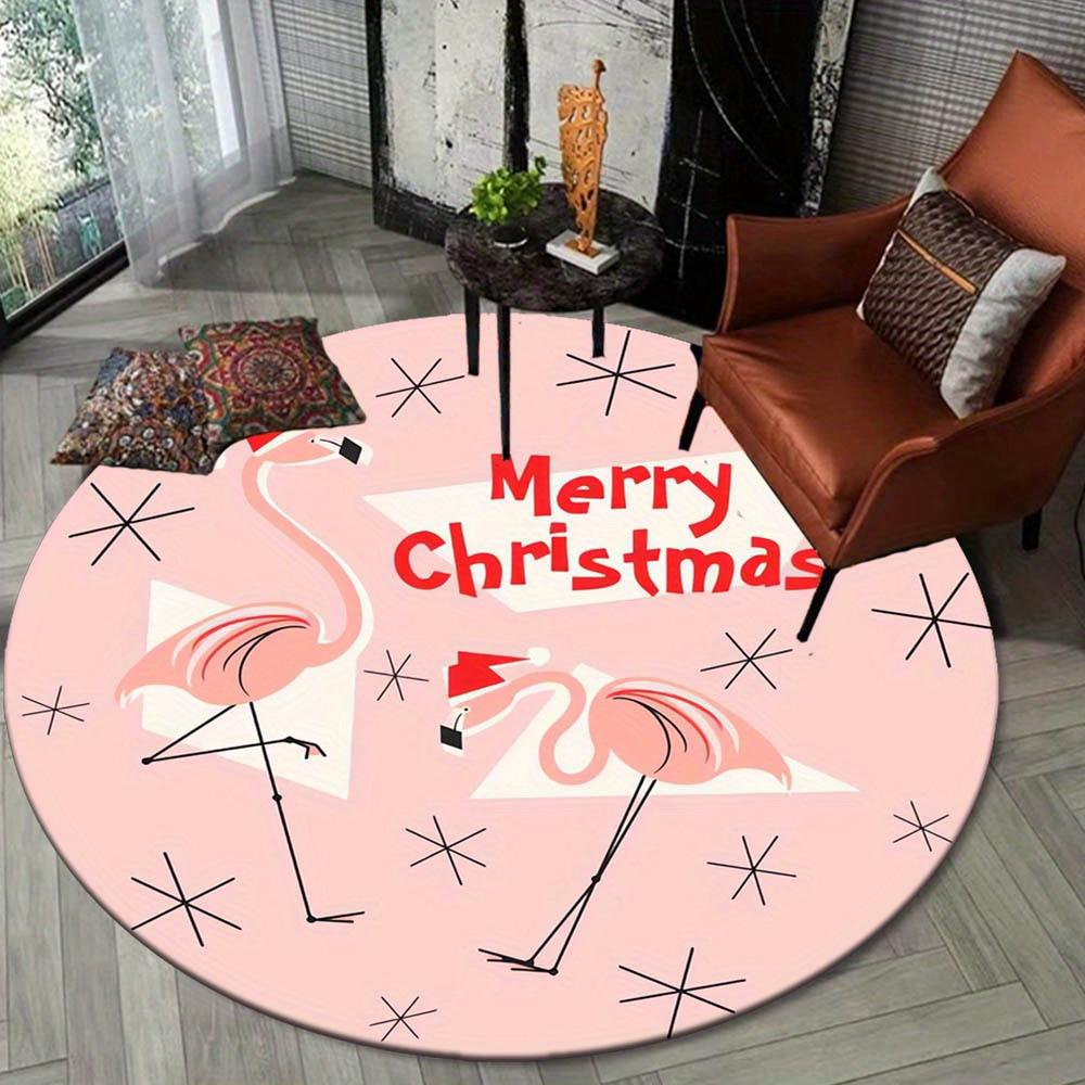 Christmas Flamingo Festive Holiday Round Carpet Flannel Soft Living Room Bedroom Decor Floor Mat Home Office Seasonal Gift