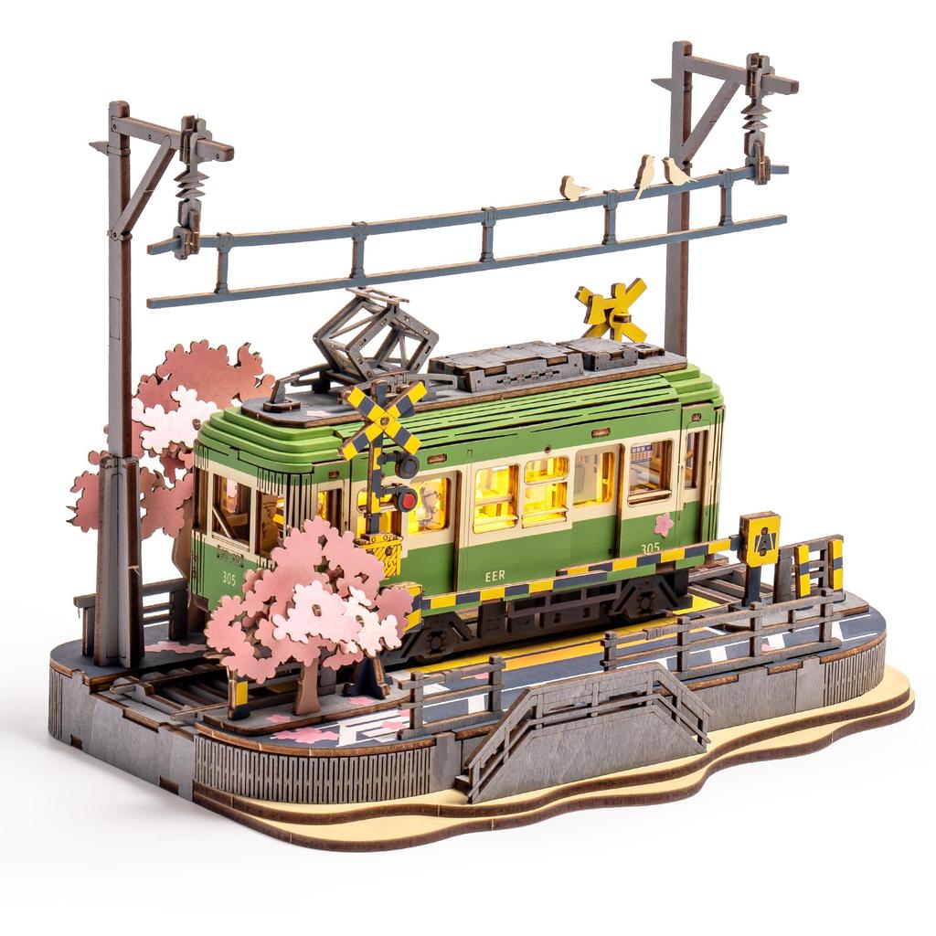 Rolife Wooden 3D Cherry Blossom Assembly DIY Cherry Blossom Train Interior LED Ambient Perfect for Living Gift Idea for and Girls Puzzle, Journey,