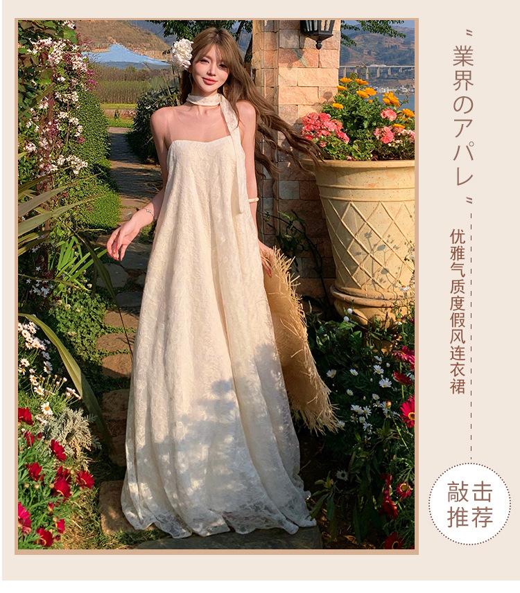 1011 Heavy Industry Lace Mesh Disc Embroidery Dress High Sense Light Luxury Beige Long Sleeveless Dress Long Dress