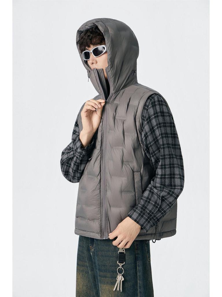 Мужской зимний жилет с капюшоном из 90% белого утиного пуха - Европейский и американский стиль, Большой размер, Свободный крой, Рельефная накидка на плечи.