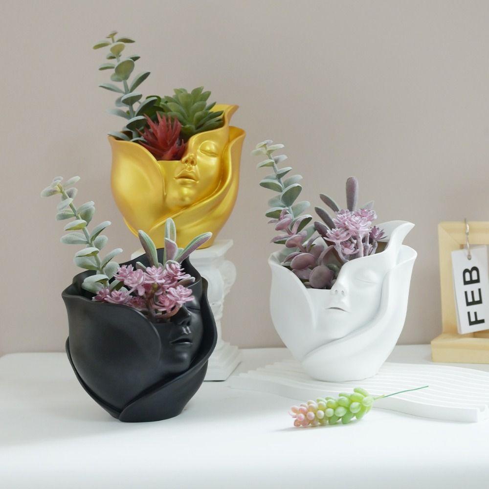 Resin Human Face Vase Aesthetic European Style Hydroponic Flower Holder Abstract Handicraft Flower Pot Office