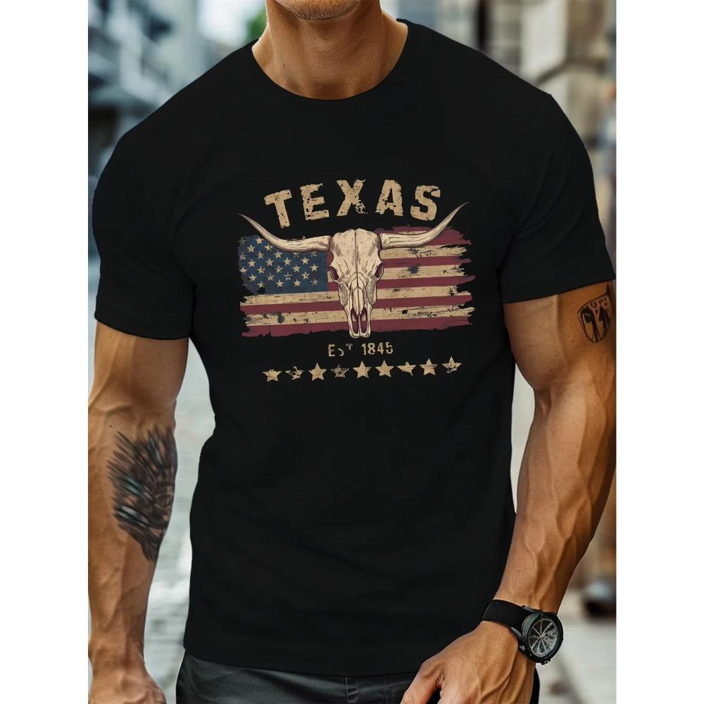 Men's Summer 100 Pure Cotton Fashionable Casual Loose Texas Longhorn Cow Skull Pattern Printed Round Neck Short Sleeved T-shirt