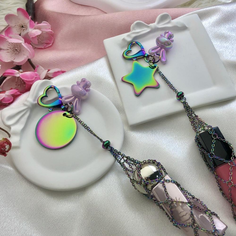 Custom Ins Colorful Stainless Steel Keychain Portable Lipstick Mesh Pocket Keyring Portable Folding Ladies Key Chain Ring Gift