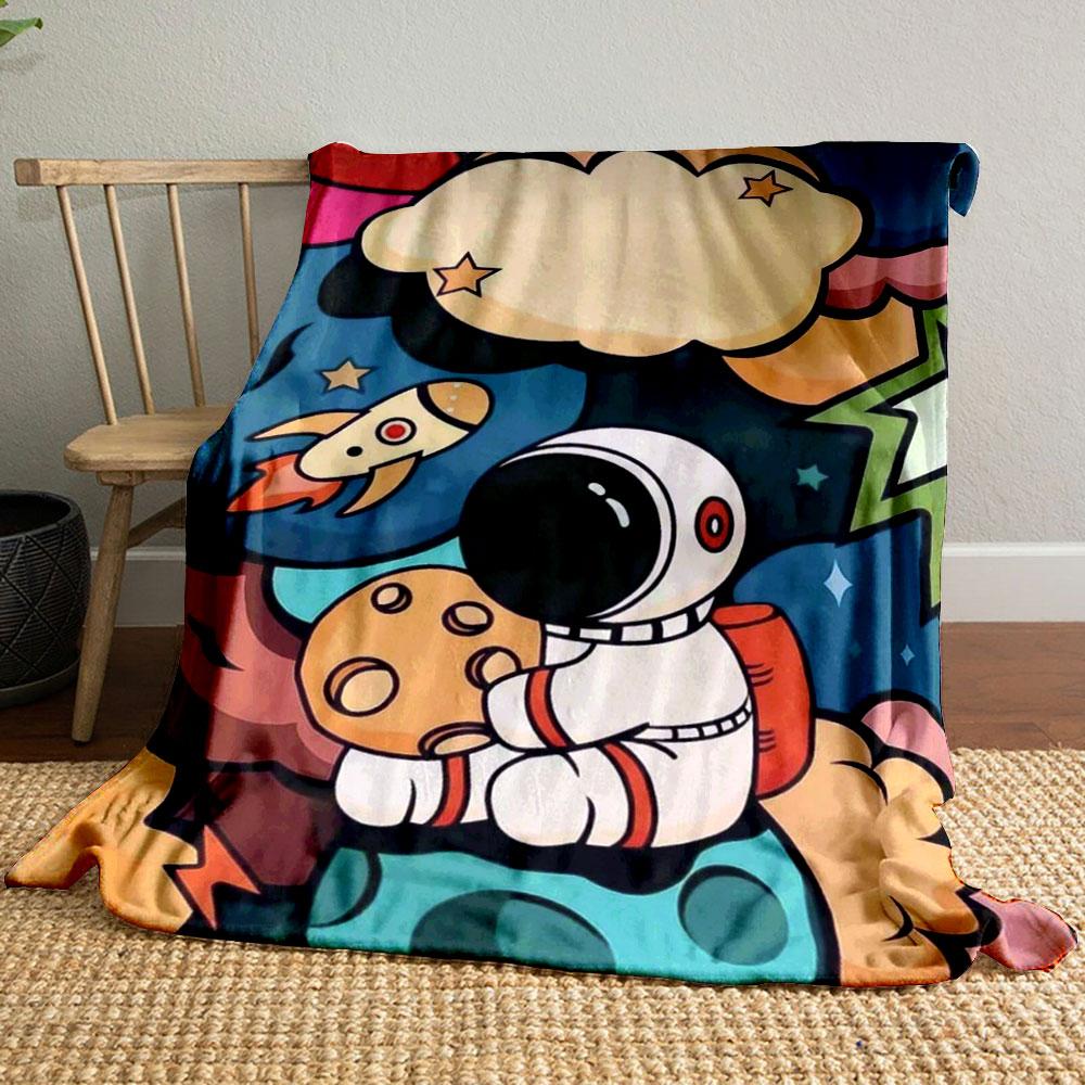 Astronaut on colorful planets with rocket, stars, and playful design. for all seasons blanket lunch break throw gift