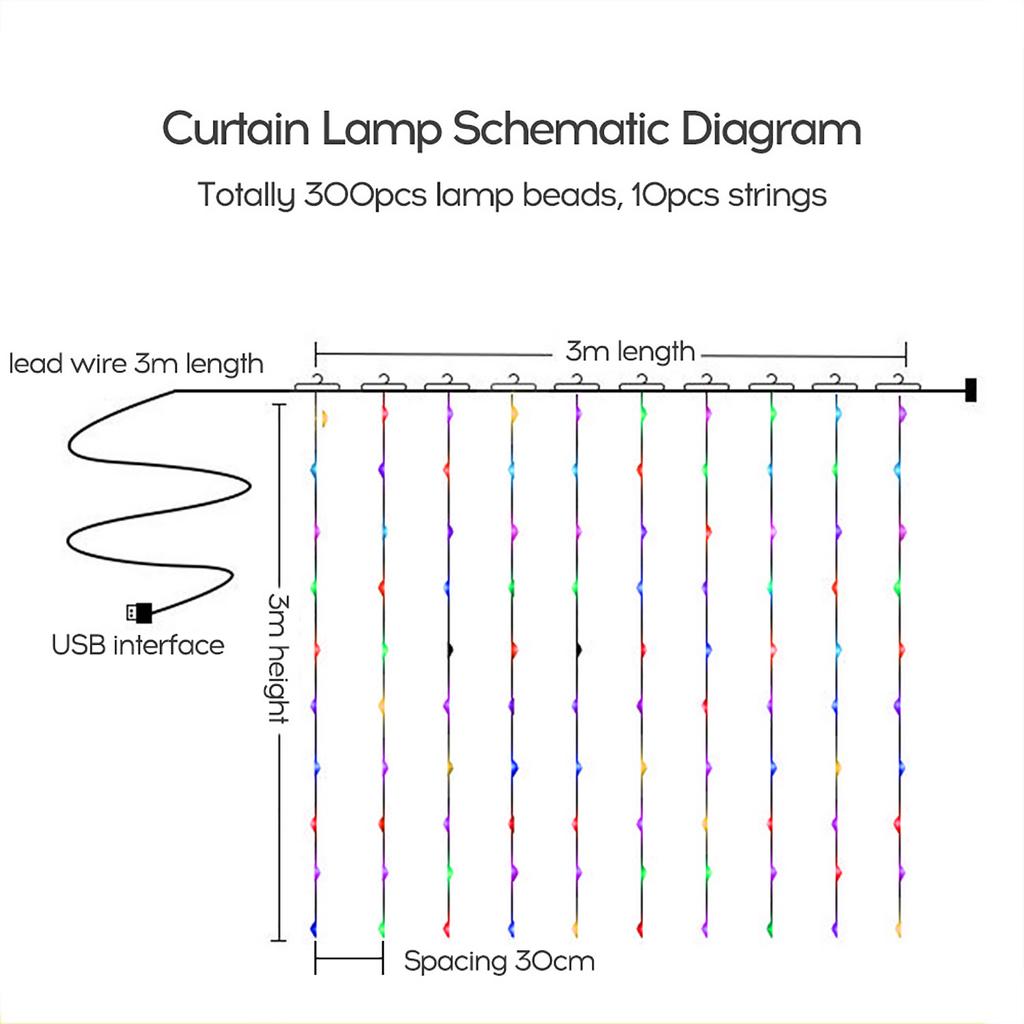 3*3-m USB Music Sound Control String Light Starry Curtain Lamp with Remote Home Decoration Lamp