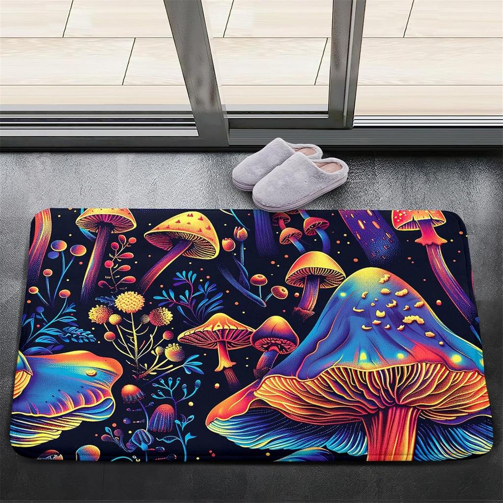 Fantasy Mushrooms Pattern Door Mat Fairytale Style Colorful Fluorescent Plant Entryway Decor Carpet Outdoor Indoor Anti-slip Rug
