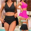 2025 European and American Solid Color Gathered Bodycon Skirt Style Slimming Sexy Split Swimsuit Bikini.
