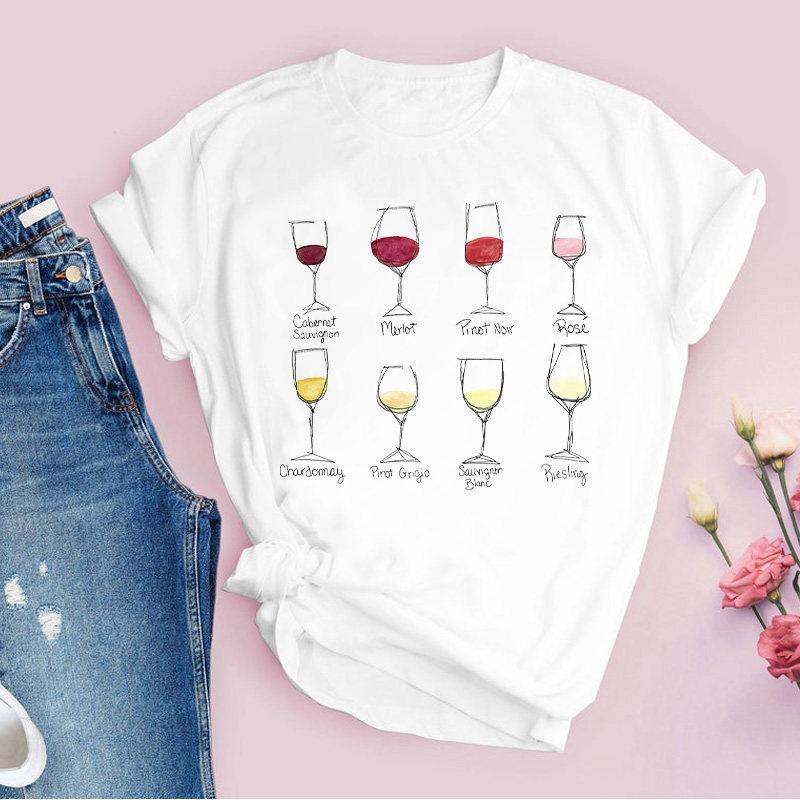 Red Wine Glass Pattern Pure Cotton Printed Unisexs and Womens Fashion Trend Tshirt New Personalized Round Neck Casual Tshirt