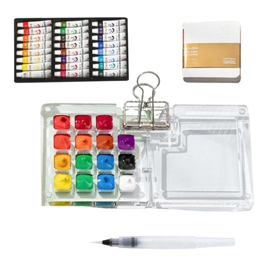 Mini Watercolor Kit Travel Watercolor Paint Set with Sketchbook Binder Clip Pen Portable Watercolor Palette with 12/24 Color Paints for Beginners