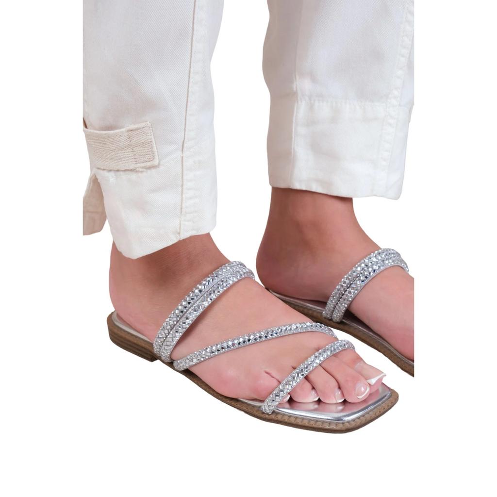 Where's That From Womens/Ladies Dream Diamante Faux Leather Strappy Extra Wide Flat Sliders