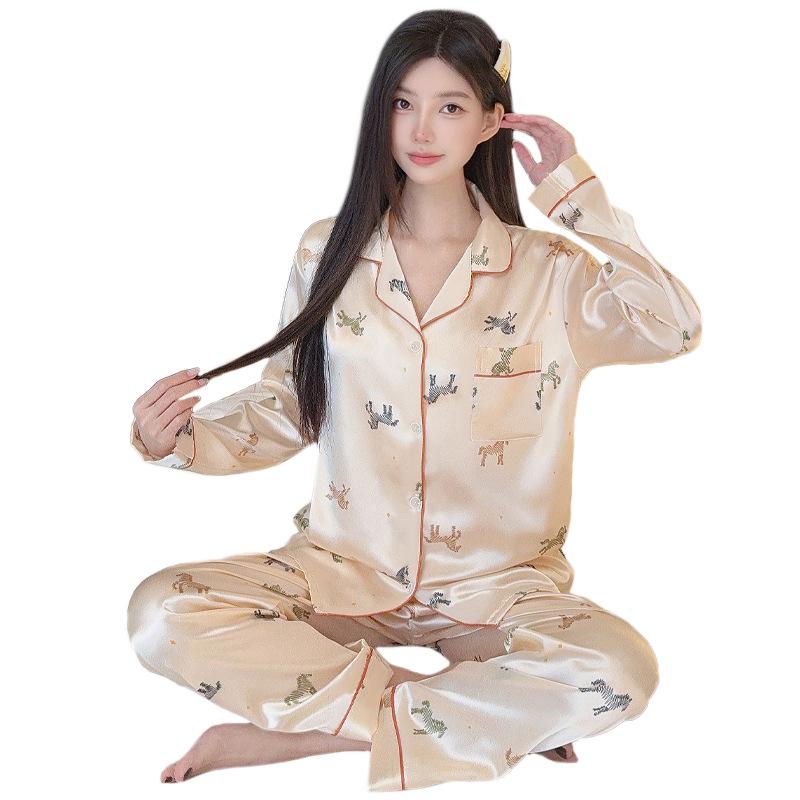 Ice Silk Pajamas Women'S Spring And Summer Thin Long-Sleeved Trousers Fashion Cool Cardigan Loungewear Suit Can Be Worn Outside