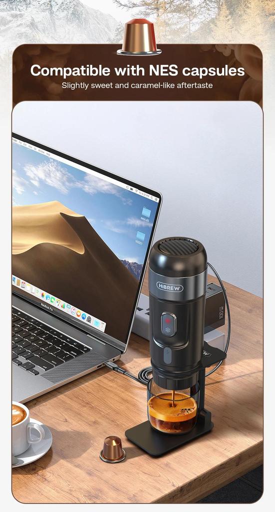 New HiBREW Portable Coffee Machine Expresso Coffee Maker Fit Nexpresso Capsule Coffee Powder for Car Camping & Home Heat Water H4A