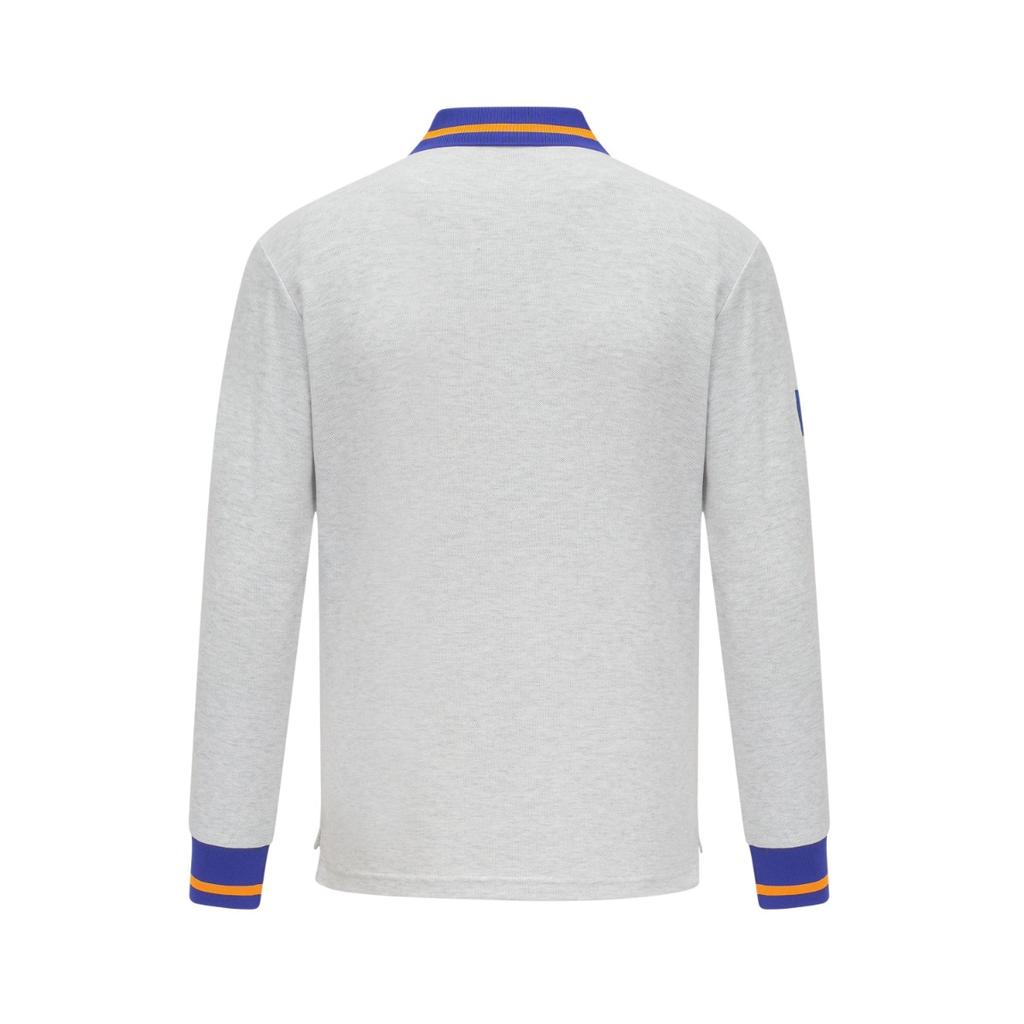 Мужская рубашка поло с длинным рукавом серого цвета с синими и желтыми акцентами, с логотипом и вышивкой «Мадрид»