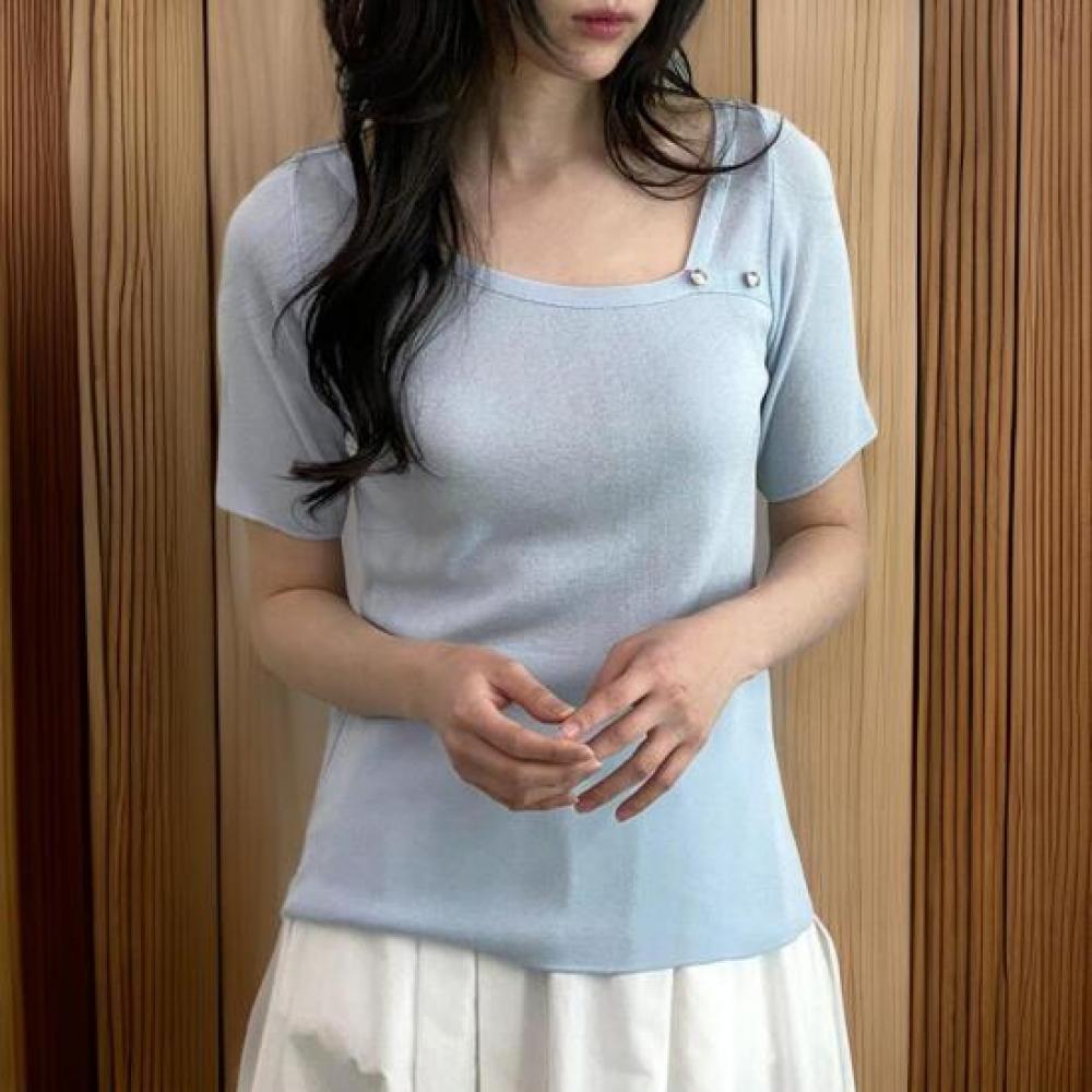 New Arrivals Open Run Women Unbalanced Neckline Button Simple Color Short Sleeve
