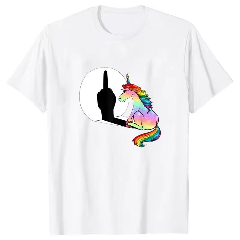2025 Summer Fashion New Unicorn Middle Finger Tshirt Women Unisex Tshirt Street Tshirt Anime clothing for all four seasons simple