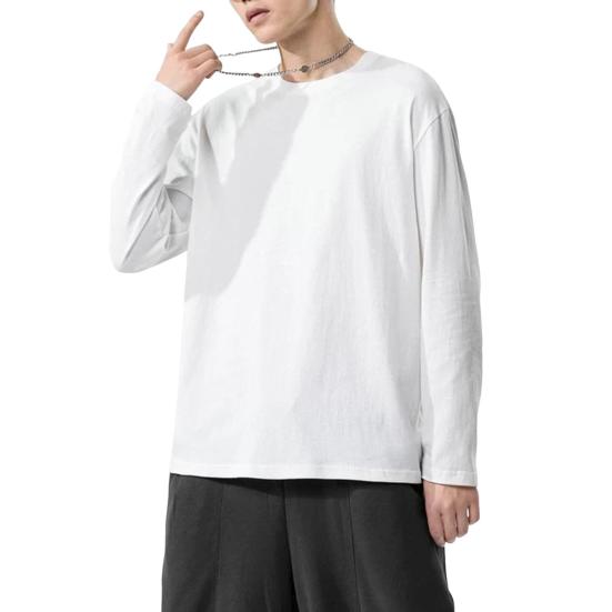 Мужская рубашка с круглым вырезом и длинным рукавом, мягкая дышащая футболка, однотонная, свободный крой, весна-лето, повседневные топы