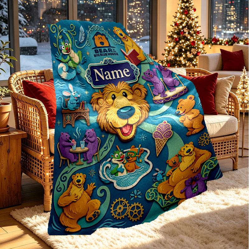 Custom Name Personalized Bear in the Big Blue House Print Blanket, Home Decor, Bedroom, Sofa, Camping, Couch, Gifts for Birthday Christmas