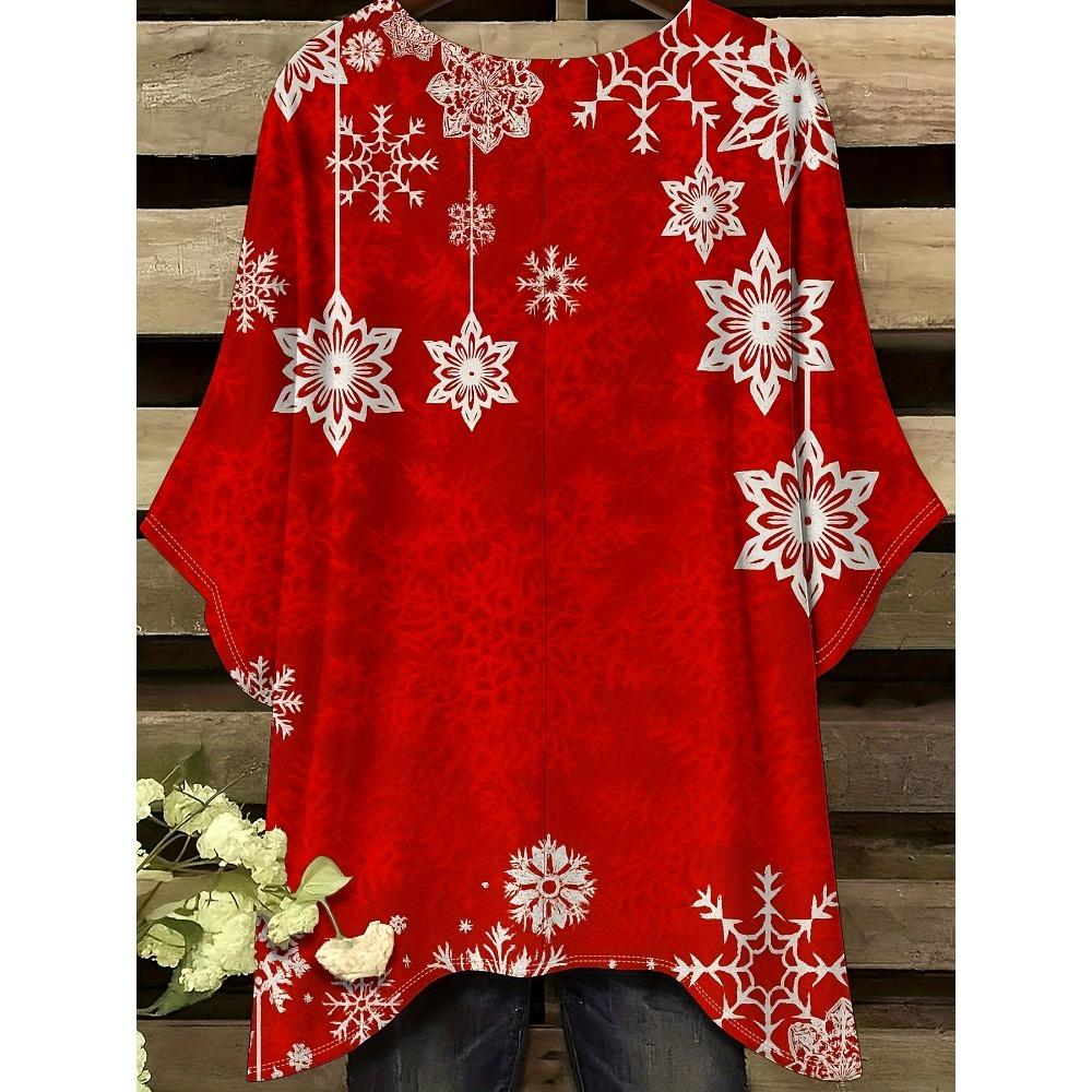 Red snowflake women's plus size short-sleeved T-shirt, irregular hem design, digital printing four seasons T-shirt