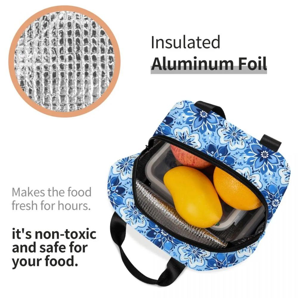 Antique Blue Azulejo Tile Floral Insulated Lunch Bag for Women Kids Portable Food Boxes Thermal Lunch Box Tote