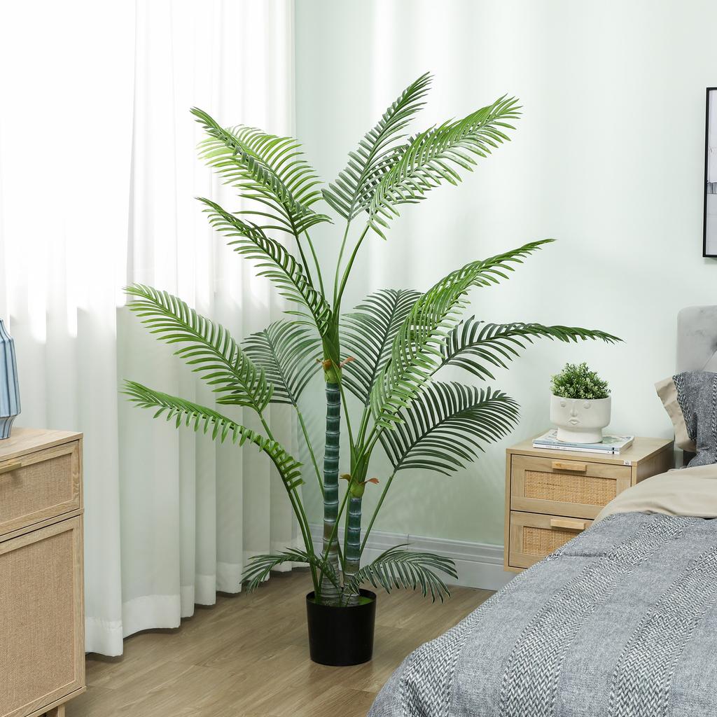 Artificial Palm Tree with 16 Plastic Leaves, UV-Resistant Artificial Plant with Plastic Pot, for Indoor and Outdoor, Green