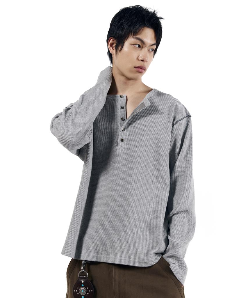 AAKAM Henry Neck Waffle Long Sleeve (Gray)