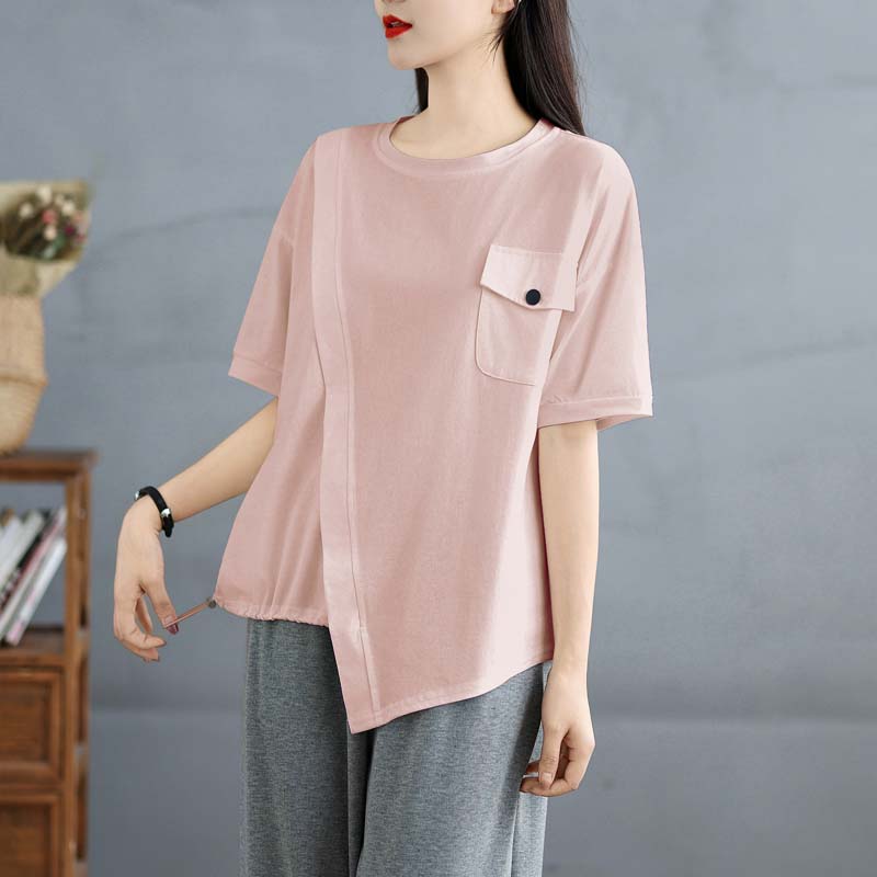 DIMANAF 2025 Новая Летняя Женская Футболка Большого Размера с Круглым Вырезом, Коротким Рукавом, Свободного Кроя, Базовые Повседневные Топы, Асимметричная Футболка