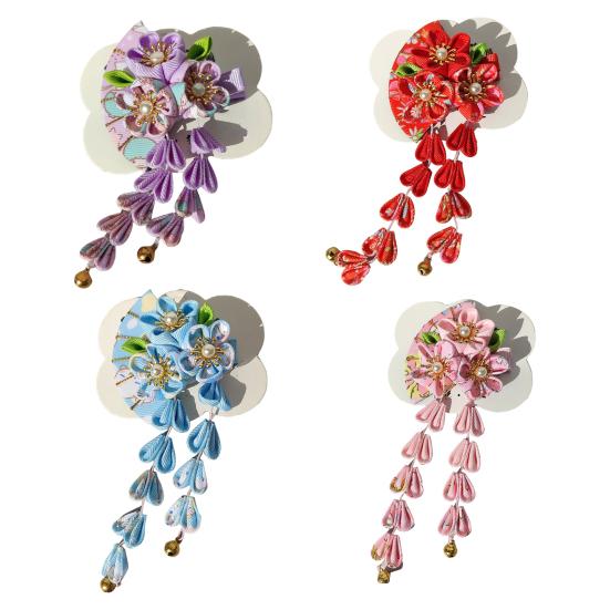 Заколка для волос в стиле веера с цветами, колокольчиками, декором из искусственного жемчуга, японское кимоно, старинная заколка для волос, аксессуары для волос