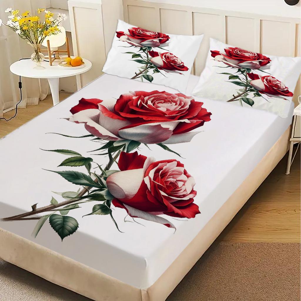 1pc White Red Rose 3D Printed Fitted Sheet 100% Polyester Durable Bedding Set Sheet for Home Bedroom Decoration Birthday Gift