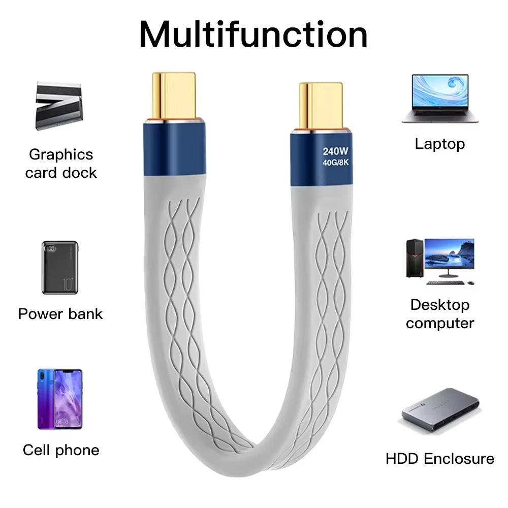 Короткий кабель Type-C на Type-C 240 Вт, Быстрая зарядка, Шнур USB-C, Передача данных 40 Гбит/с, 8K, Плоский, Тонкий, FPC, Кабель-удлинитель для данных и зарядки