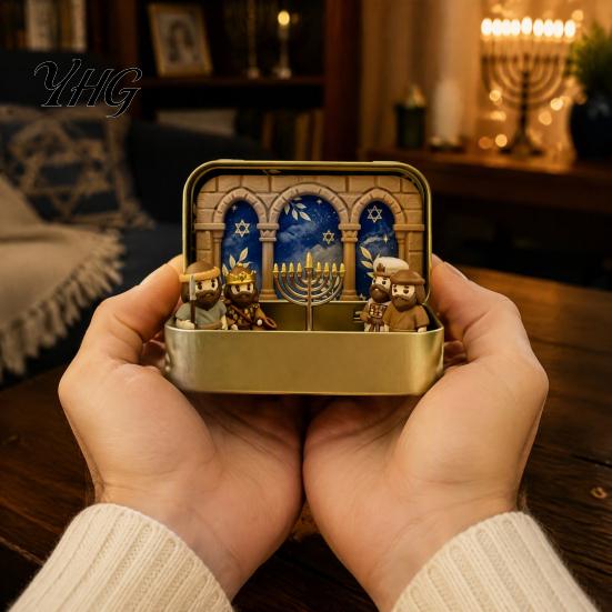 Religious Home Decoration Hanukkah Miniature Diorama Scene Box, 3D Printed Pocket Figurine Set with Retro Iron Box Display Storage Case, Menorah Micro