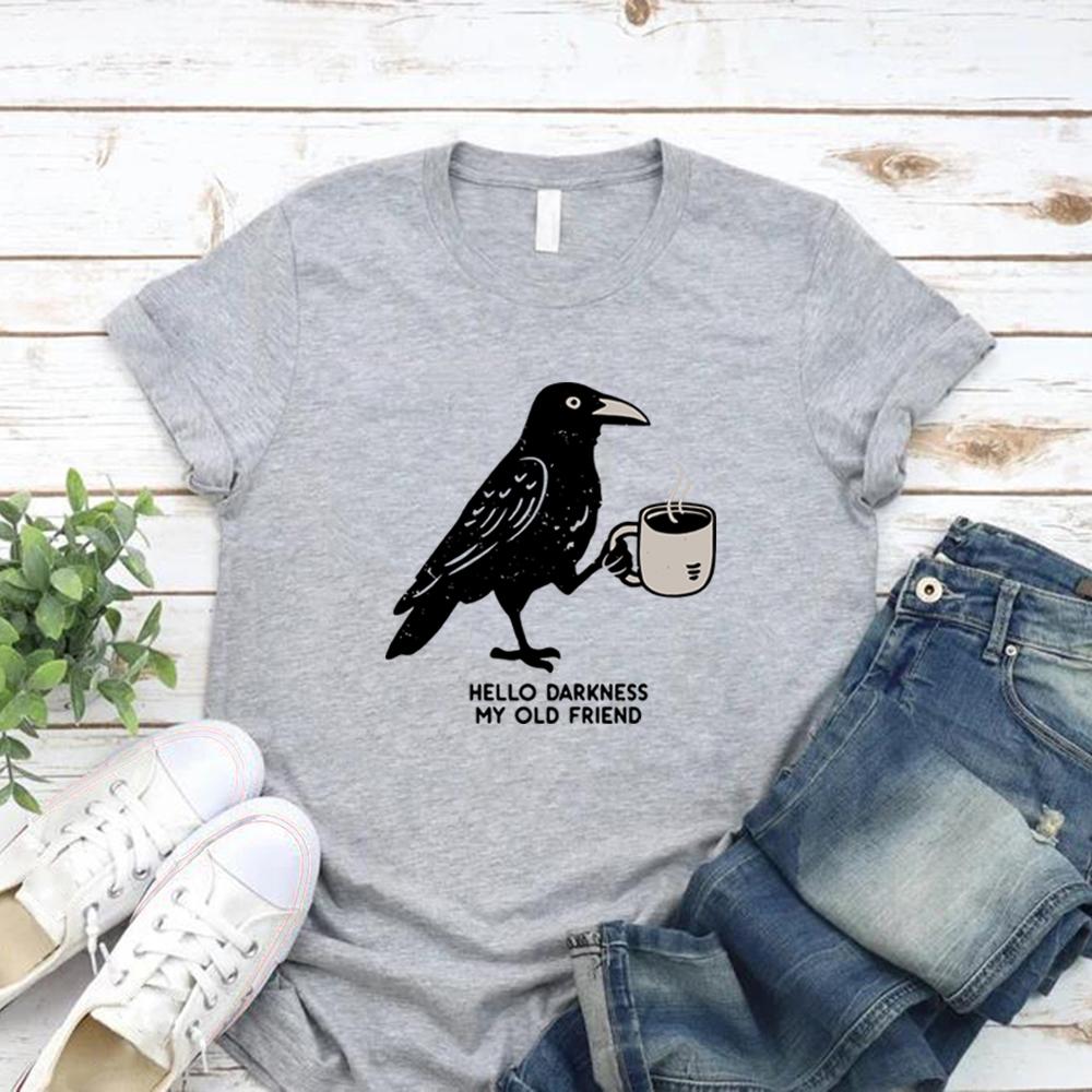 Футболка Raven Crow Coffee Halloween Футболка Женская Мужская Футболки Короткий Рукав Подарок для Любителя Кофе Футболка Унисекс Одежда