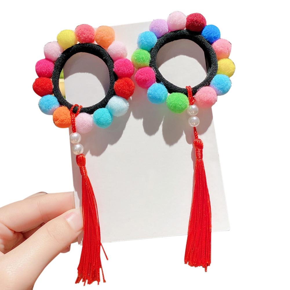 1 Pair of  Hair Band  Cloth  Tassel   Colorful Ball  Plush  Retro Style  Hair Band