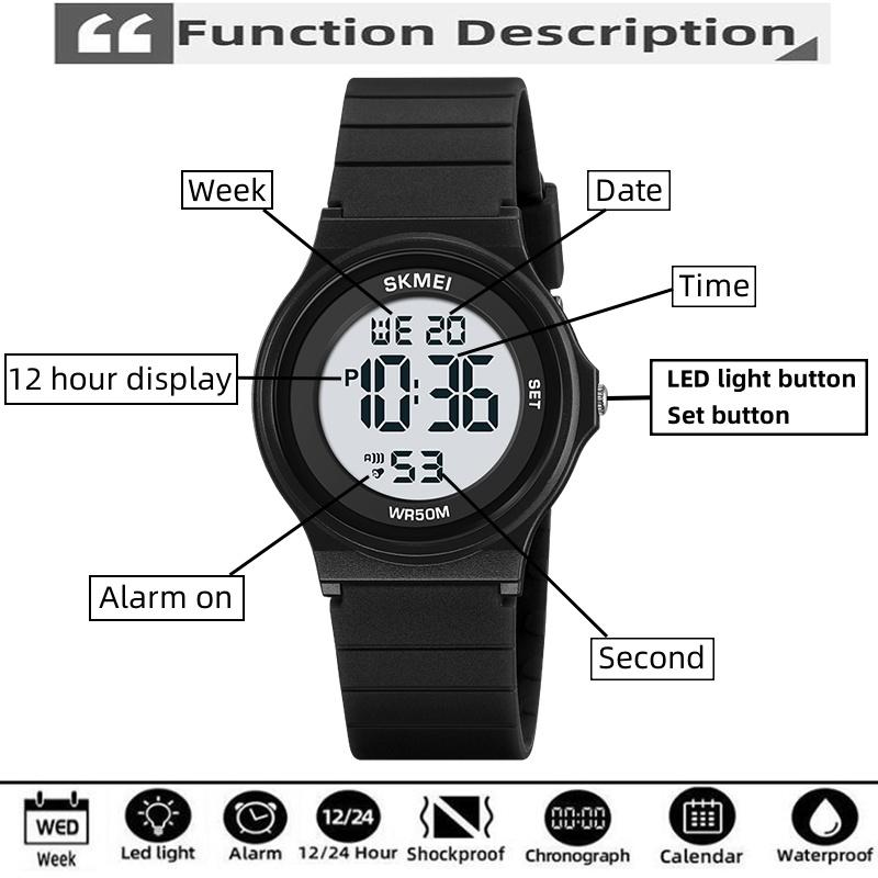 Skmei Student Digital Watches TPU Strap 50M Waterproof Swimming Sport Boys Girls Wristwatch LED Chronograph Kids Alarm Clock