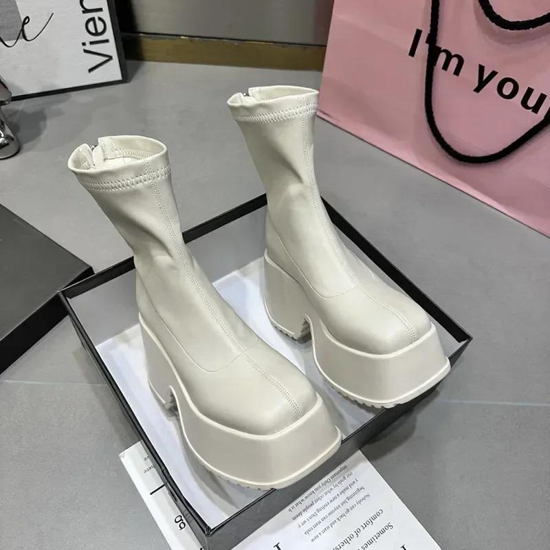 Модные зимние панк-сапоги 2024 года, женская обувь, модные туфли с молнией сзади, на высоком каблуке и толстой подошве, элегантные женские ботильоны, ботинки на платформе