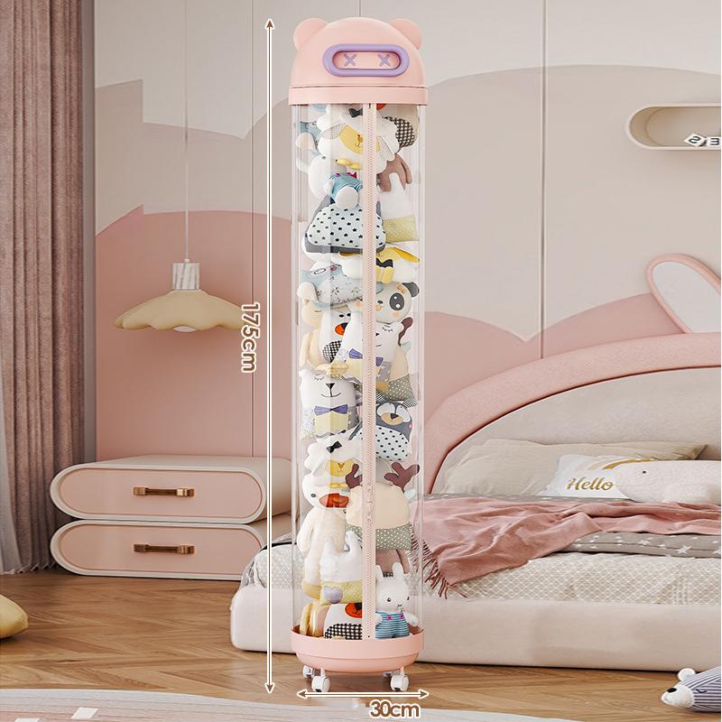 Large Capacity Plush Doll Storage Bucket With Wheels Transparent Storage Bucket Zipper Kids DIY Plushies Toy Display Bucket